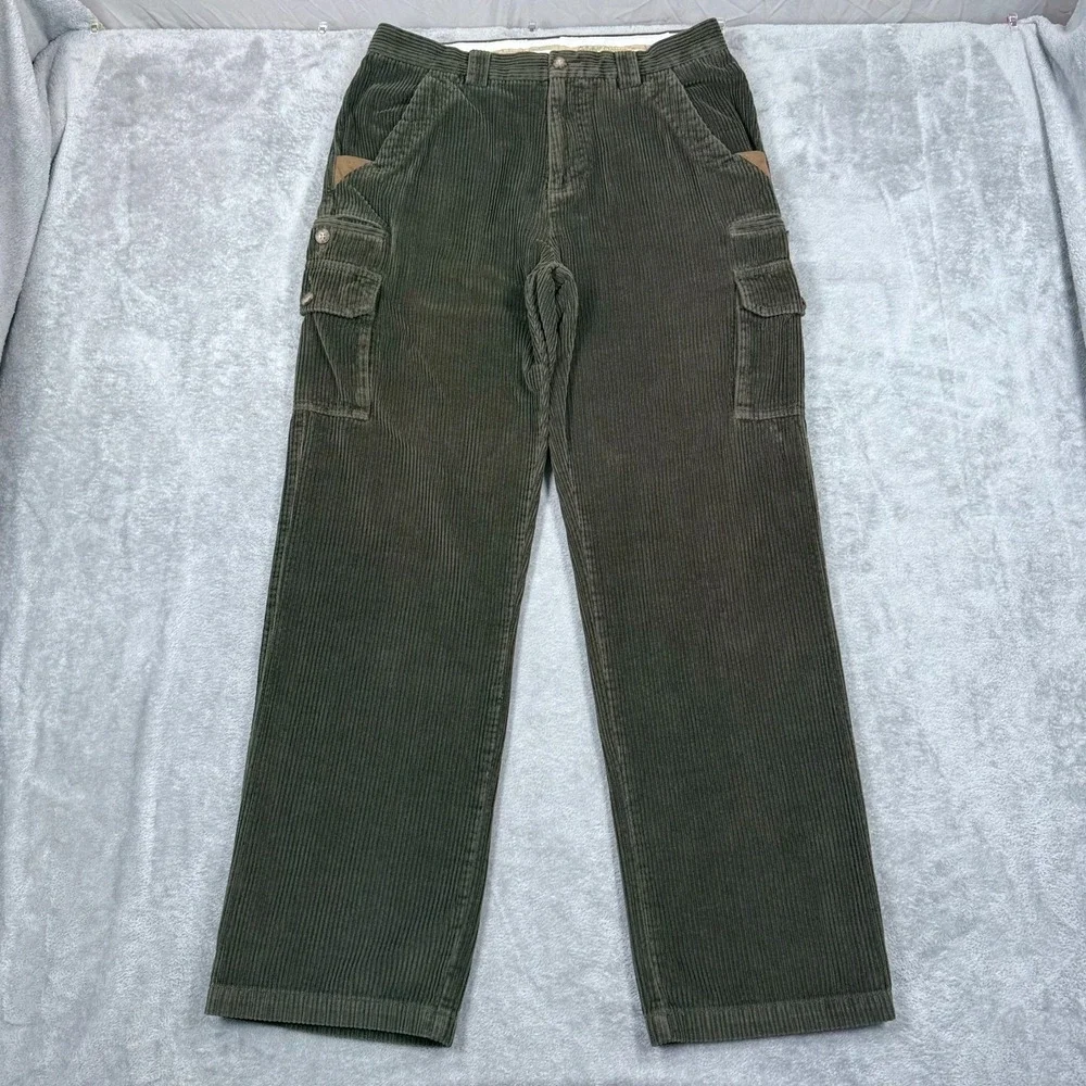 Cabelas Outfitter Series Corduroy Cargo Pants Mens 34x32 Wide-Whale‎ Dark Green